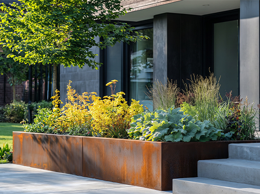 Grande jardinière en acier Corten Maroc installée devant une villa contemporaine avec plantations décoratives