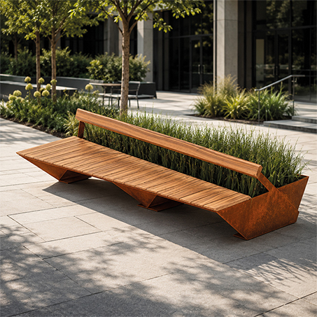 L’acier Corten utilisé pour un banc en bois avec jardinière intégrée dans un aménagement urbain contemporain