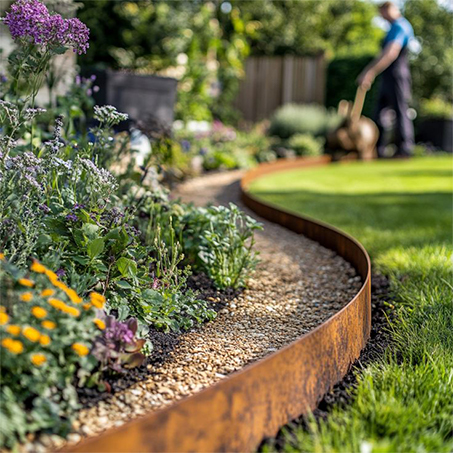 L’acier Corten utilisé comme bordure de jardin courbe pour séparer une pelouse et un massif végétalisé