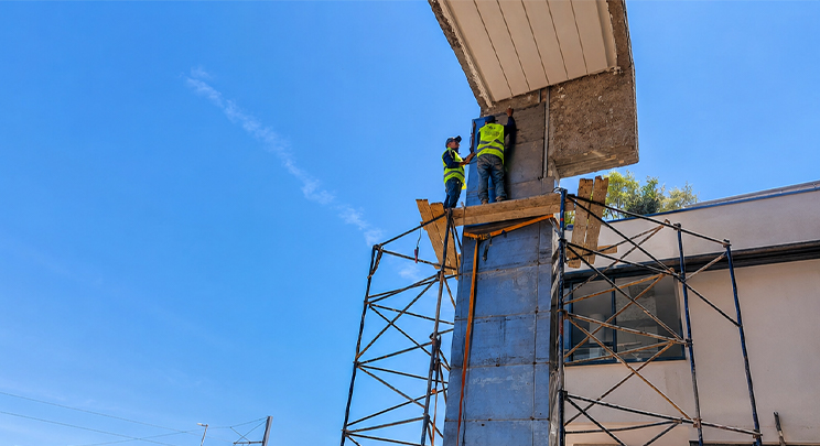 L’acier Corten utilisé pour l’habillage d’un poteau architectural avec installation sur échafaudage au Maroc