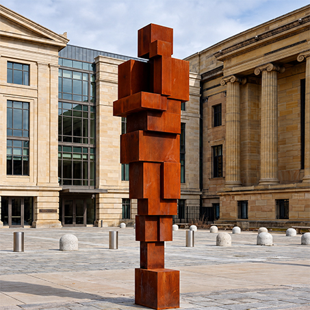 L’acier Corten utilisé pour une sculpture monumentale géométrique installée dans un espace public contemporain