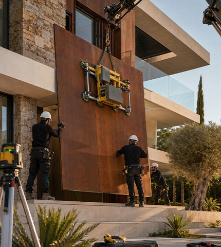Atelier de fabrication acier Corten avec levage et installation d’un grand panneau métallique sur la façade d’une villa contemporaine