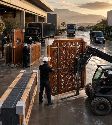 Atelier de fabrication acier Corten avec chargement de claustras décoratifs et préparation des ouvrages pour leur livraison