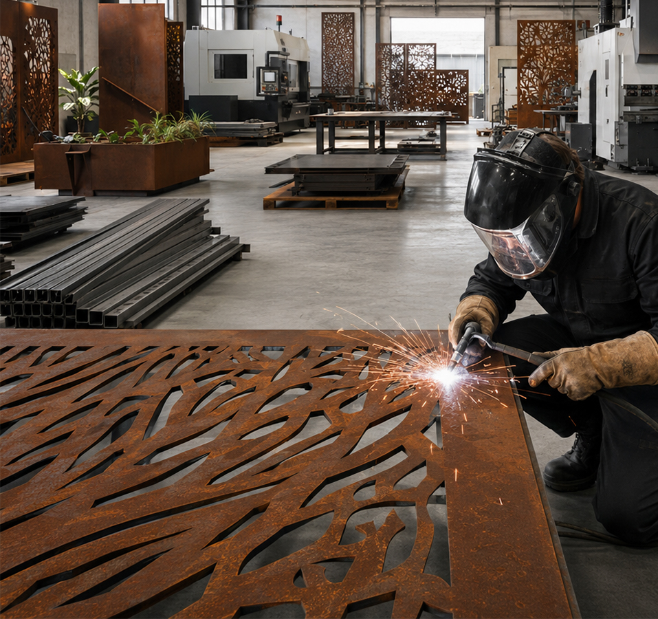 atelier acier Corten au Maroc avec opération de soudure sur un claustra décoratif découpé sur mesure