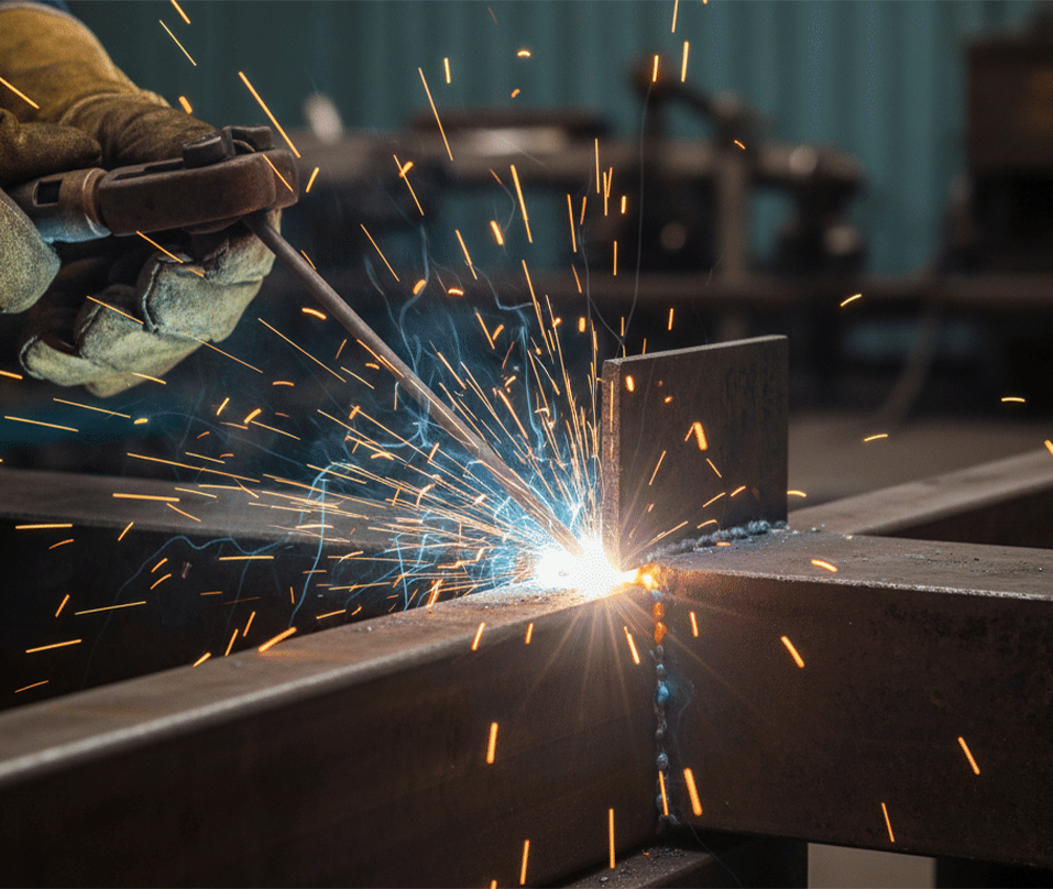Atelier de fabrication acier Corten avec soudure de précision sur une structure métallique dans un environnement professionnel