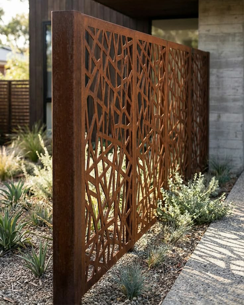 Claustra en acier Corten Maroc avec motif géométrique découpé installé dans un jardin contemporain