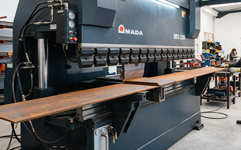 Claustra Corten et prestations sur mesure avec pliage d’une tôle en acier patiné sur presse plieuse industrielle