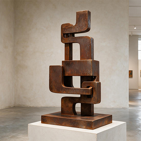 Claustra Corten et prestations sur mesure avec sculpture abstraite en acier patiné installée dans une galerie contemporaine