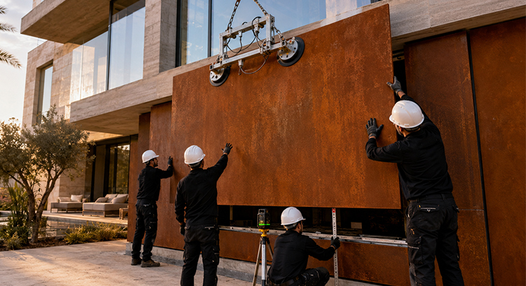 Fabrication acier Corten avec levage et installation d’un grand panneau de façade sur un bâtiment contemporain