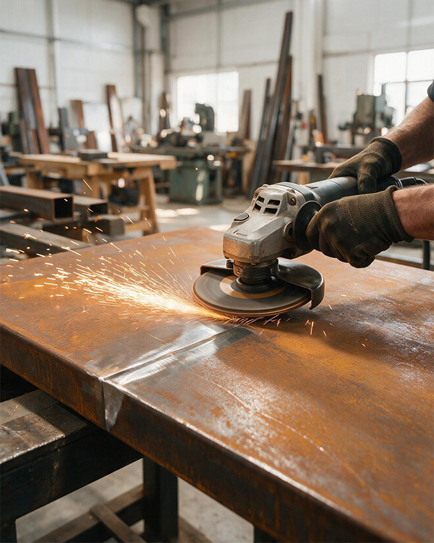 Projets en acier Corten avec opération de meulage et de finition sur une tôle métallique dans un atelier de fabrication