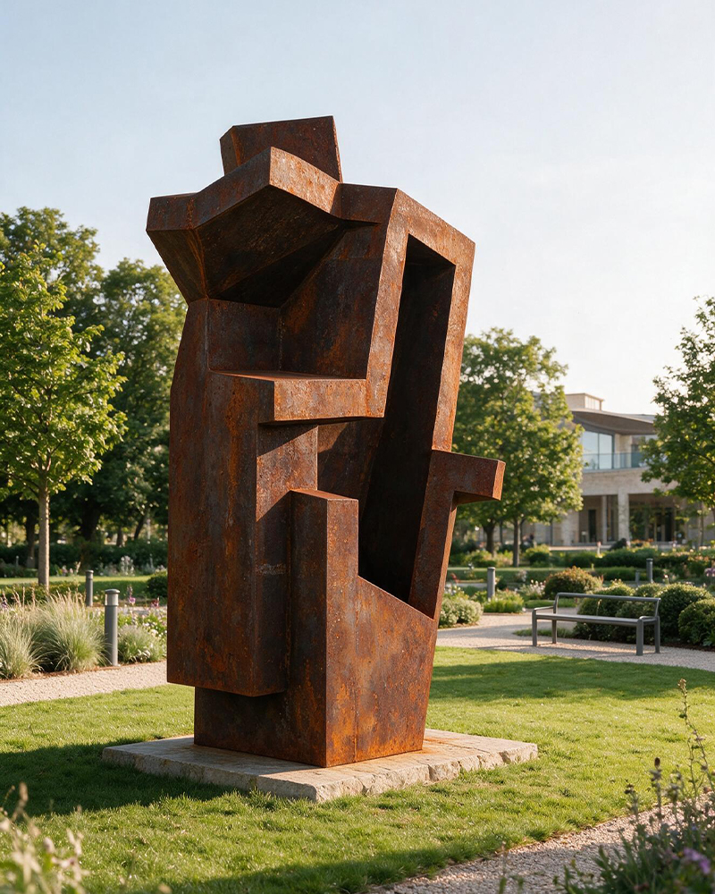 Projets en acier Corten avec sculpture abstraite monumentale installée dans un jardin contemporain au Maroc